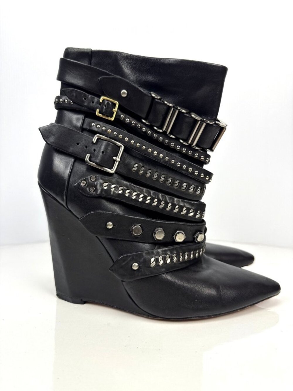 L.A.M.B. by Gwen Stefani Leather Thaker Studded Moto Wedge Ankle Boots Black 7.5 - Picture 2 of 13